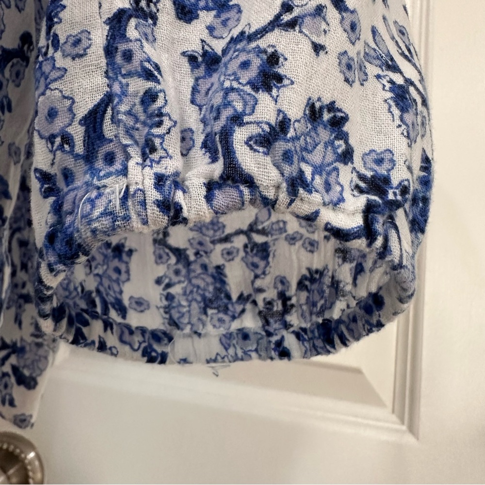 Rebecca Taylor Cotton Floral Blue White Smocked Ruffle Boho V-Neck Blouse Size 2 - Picture 5 of 10